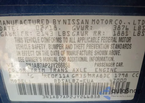 2018 Nissan Sentra S z USA, uszkodzony, nr VIN 3N1AB7AP2JY266858
